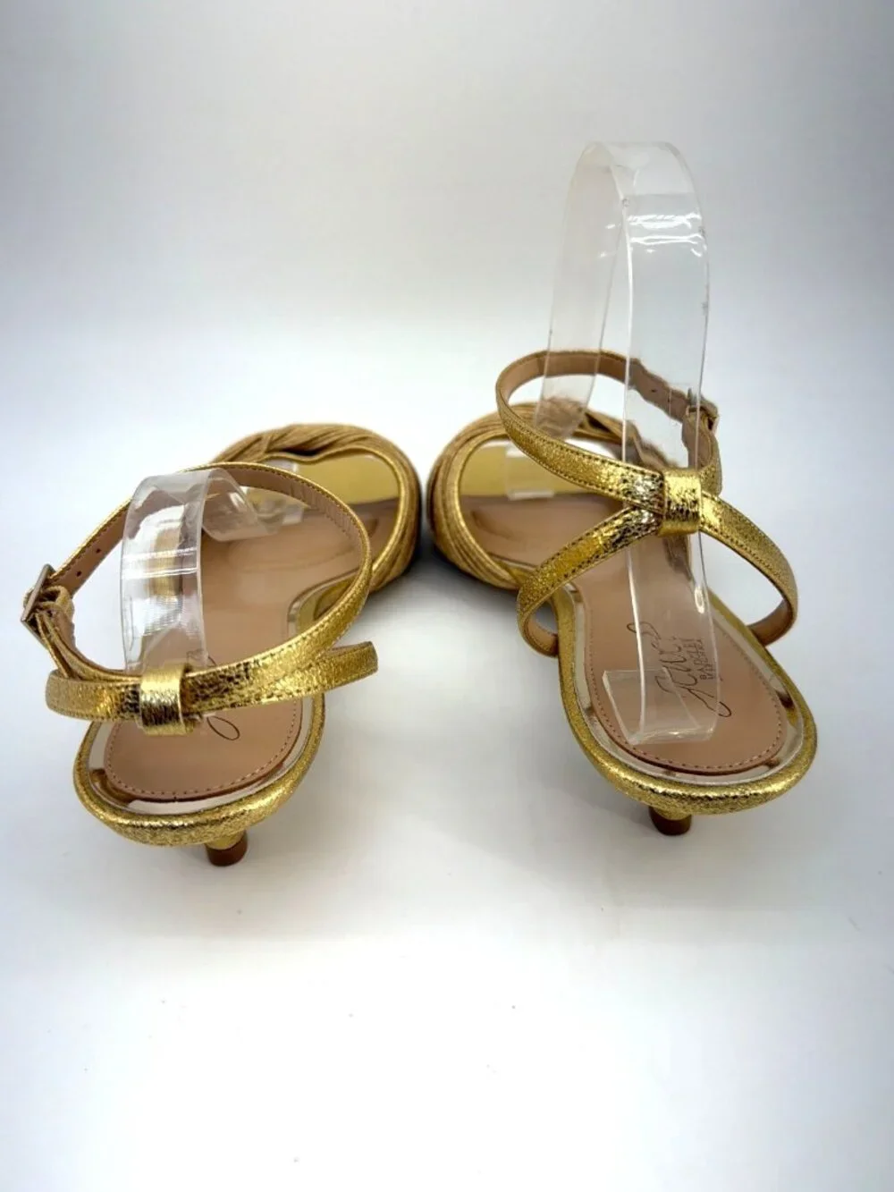 Jewel Badgley Mischka Nance Ankle Strap Golden Kitten Heel Sandals Women Sz 8.5